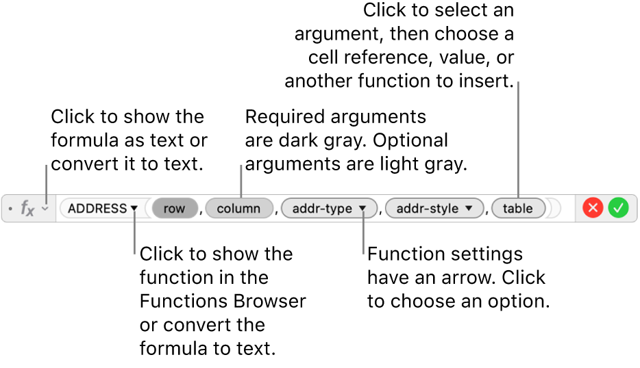 The Formula Editor showing the ADDRESS function and its argument tokens.