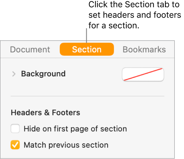 The Document sidebar with the Section tab at the top of the sidebar selected. The Headers & Footers section of the sidebar has checkboxes next to “Hide on first page of section” and “Match previous section.”