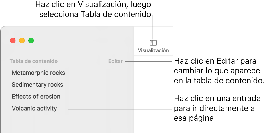 La tabla de contenido en el lado izquierdo de la ventana de Pages con un botón de Edición en la esquina superior derecha de la barra lateral y las entradas de la tabla de contenido en una lista. El botón Visualización está en la esquina superior izquierda de la barra de herramientas de Pages, encima de la barra lateral.