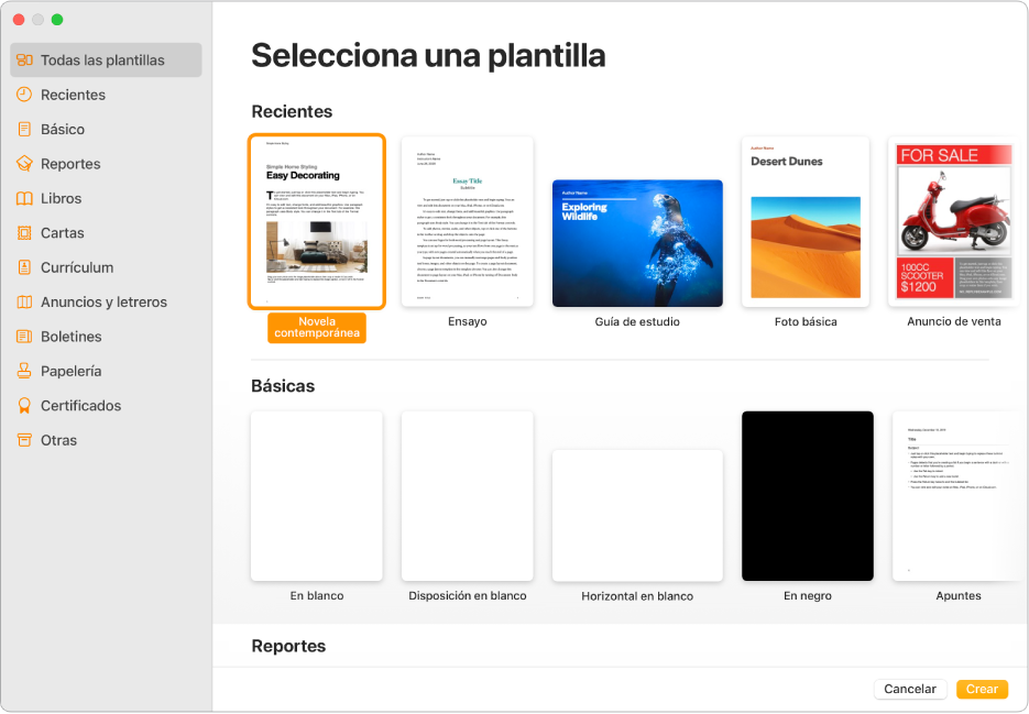 El selector de plantilla. A la izquierda aparece una barra lateral que muestra categorías de plantillas en las que puedes hacer clic para filtrar las opciones. A la derecha hay miniaturas de plantillas prediseñadas ordenadas en filas por categorías. Los botones Cancelar y Crear se encuentran en la esquina inferior derecha.