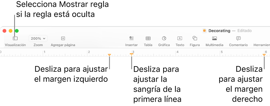 La regla con el control de margen izquierdo y el control de sangría de la primera línea.