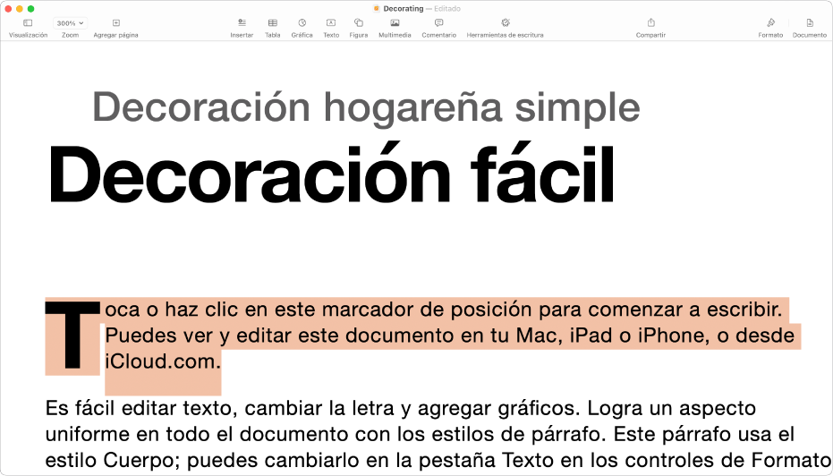 En un documento abierto con texto de marcador de posición seleccionado.