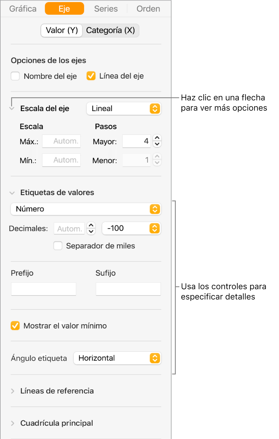 Controles para dar formato a las marcas de eje de una gráfica.