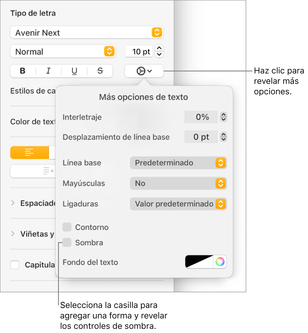 El menú Opciones avanzadas abierto con la casilla Sombras seleccionada y los controles para configurar el desenfoque, la desviación, la opacidad, el ángulo y el color.