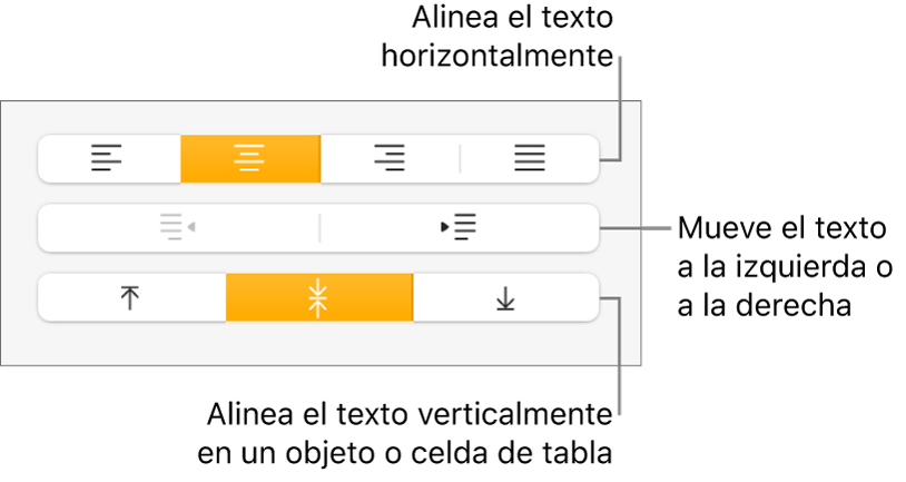 Sección Alineación con mensajes en los botones de alineación de texto y espaciado.