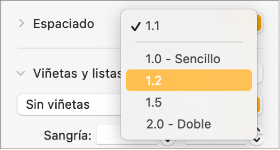 El menú desplegable Espaciado con Sencillo, Doble y otras opciones.