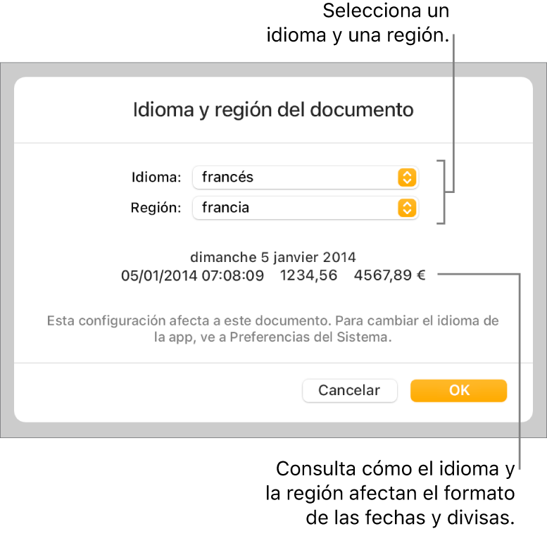 El panel Idioma y región con controles para el idioma y la región, y un ejemplo de formato que incluye una fecha, una hora, y formatos decimales y de moneda.