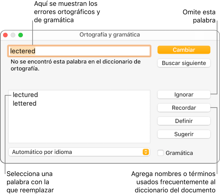 La ventana Ortografía y gramática.