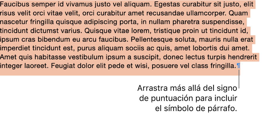 Un párrafo que se seleccionó, con el símbolo del párrafo incluido en la selección.