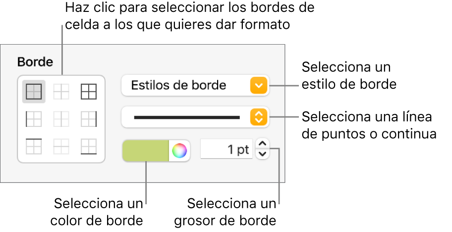 Controles para aplicar un estilo a los bordes de celda.