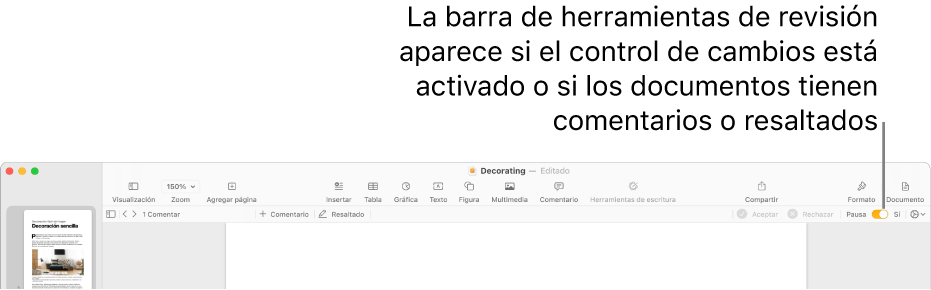 La barra de herramientas de Pages con el control de cambios activado y la barra de herramientas de revisión debajo de la barra de herramientas de Pages.