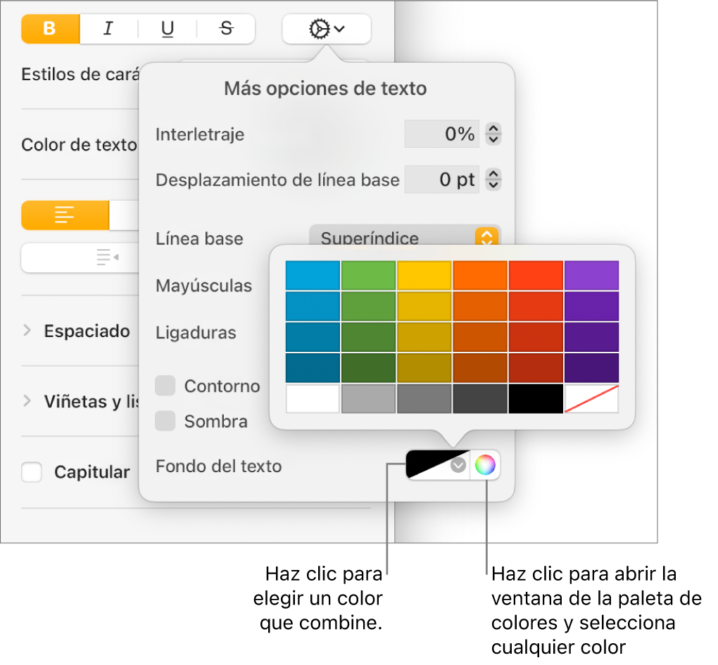 Controles para elegir un color de fondo del texto.