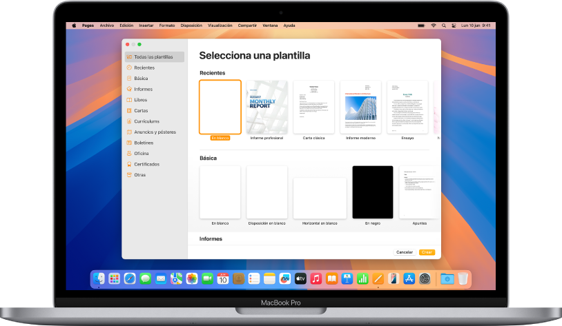 Un MacBook Pro con el selector de plantilla de Pages abierto en la pantalla. En la izquierda está seleccionada la categoría “Todas las plantillas” y en la derecha aparecen las plantillas prediseñadas en filas por categorías.