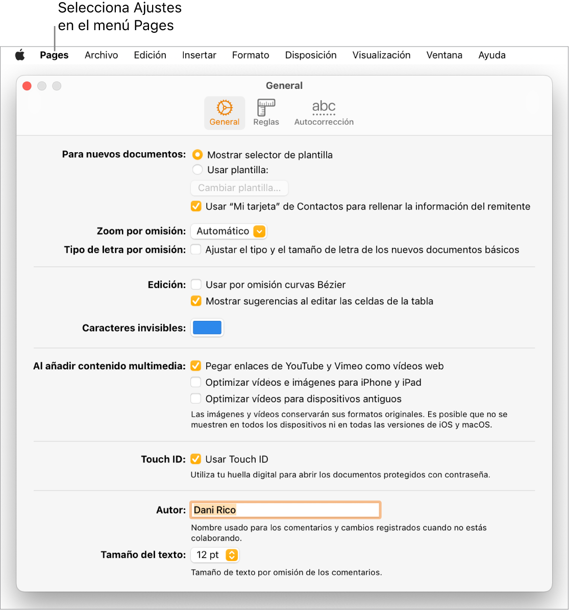 La ventana de ajustes de Pages abierta en el panel General, con los ajustes para los nuevos documentos, el zoom y el tipo de letra por omisión, la edición, las ecuaciones, los caracteres invisibles, la adición de contenido multimedia, Touch ID, el nombre de autor y el tamaño de texto por omisión.