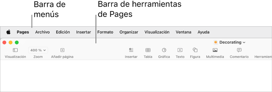 La barra de menús situada en la parte superior de la pantalla con los menús Apple, Pages, Archivo, Edición, Insertar, Formato, Disposición, Visualización, Ventana y Ayuda. Debajo de la barra de menús hay un documento abierto de Pages con los botones Visualización, Zoom, “Añadir página”, Insertar, Tabla, Gráfica, Texto, Figura, Multimedia, Comentario, Compartir y Formato de la barra de herramientas por la parte superior.