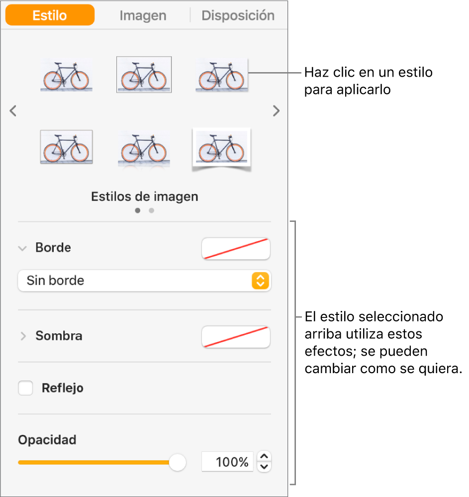 La pestaña Estilo de la barra lateral Formato con opciones de estilo de objeto.