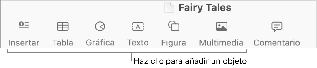 La barra de herramientas con botones para añadir tablas, gráficas, texto, figuras y contenidos.