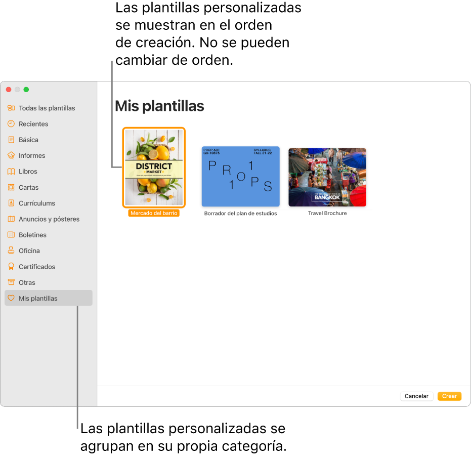 El selector de plantilla con la categoría “Mis plantillas” situada en el extremo izquierdo. Las plantillas personalizadas aparecen en el orden en que se crearon y no se pueden reorganizar.