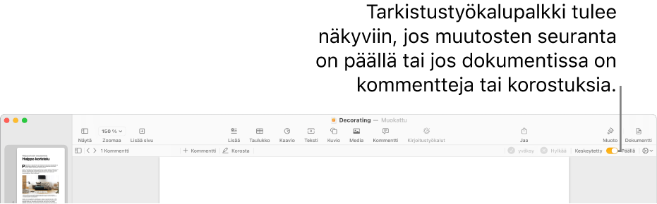 Pages-työkalupalkki, jossa on muutosten seuranta päällä, ja Pages-työkalupalkin alla tarkistustyökalupalkki.