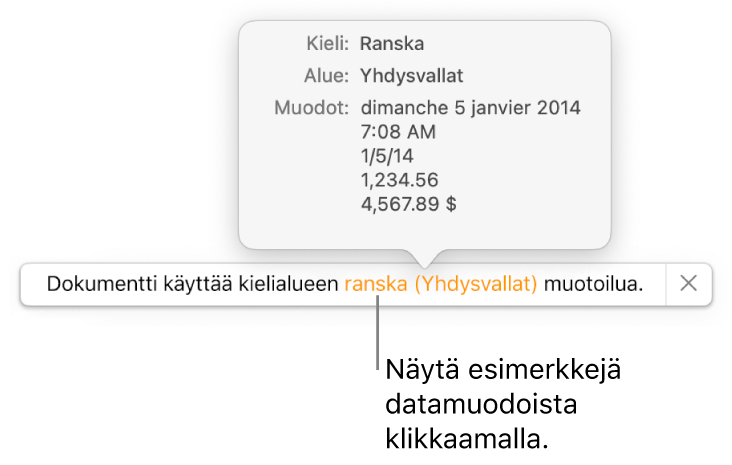 Eri kieli- ja alueasetuksen ilmoitus, jossa on esimerkkejä kyseisen kielen ja alueen muotoilusta.