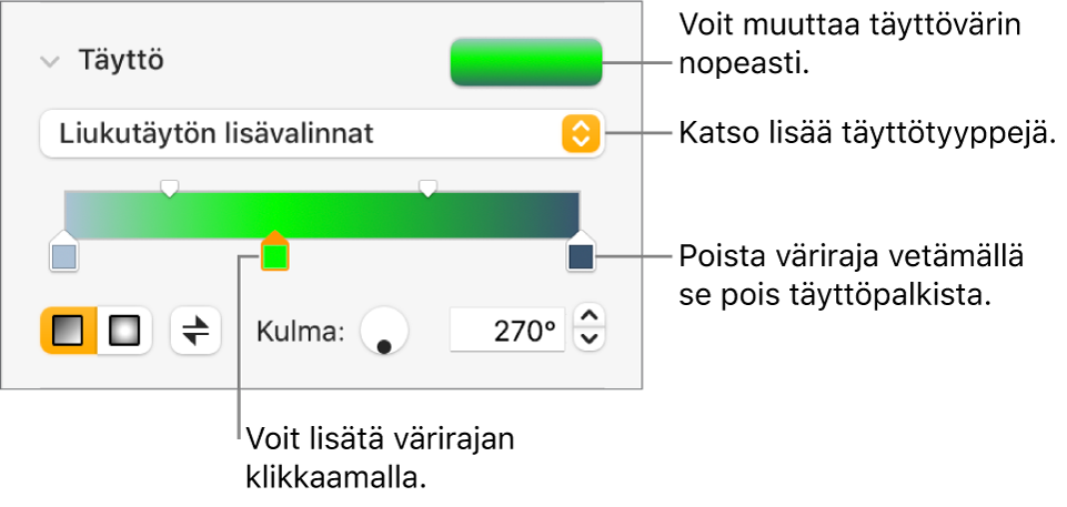 Säätimet objektien täyttämiseen väreillä.