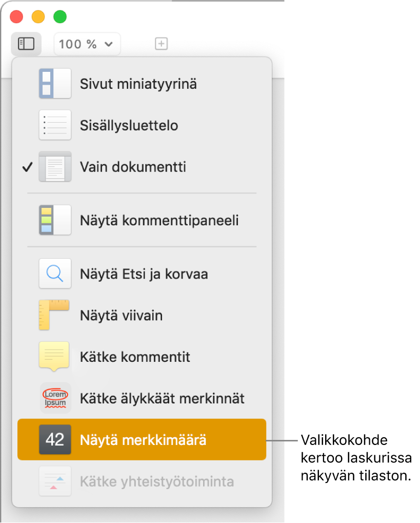 Näytä-valikkoon avoinna, ja sen alareunassa näkyy Näytä merkkimäärä.