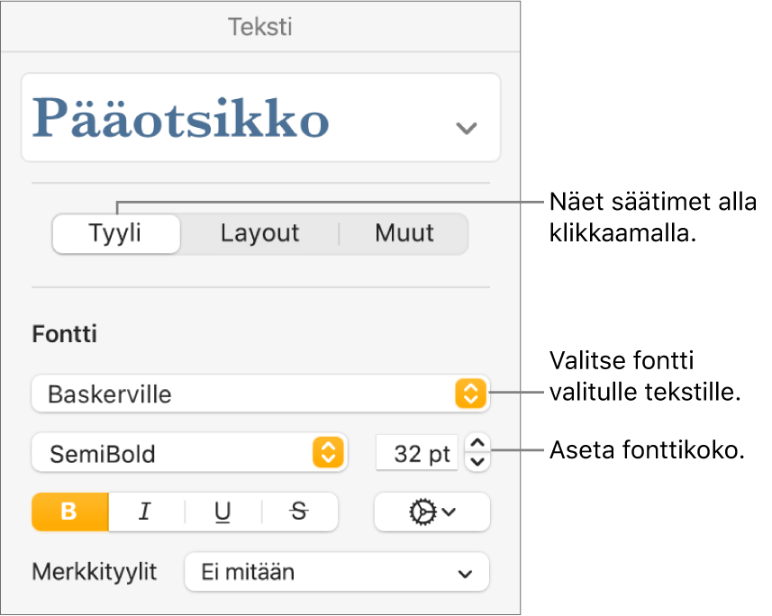 Muoto-sivupalkin Tyyli-osion tekstisäätimet fontin ja fonttikoon asettamiseen.