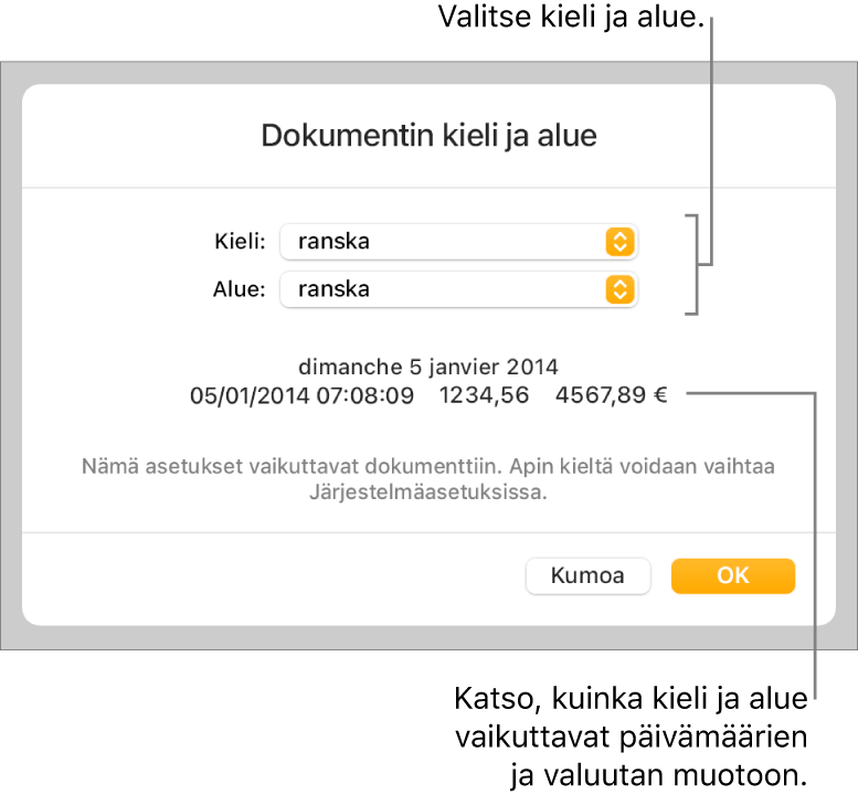 Kieli ja alue -osio, jossa näkyvät kielen ja alueen säätimet sekä muotoesimerkki päivämäärälle, kellonajalle, desimaaliluvulle ja valuutalle.