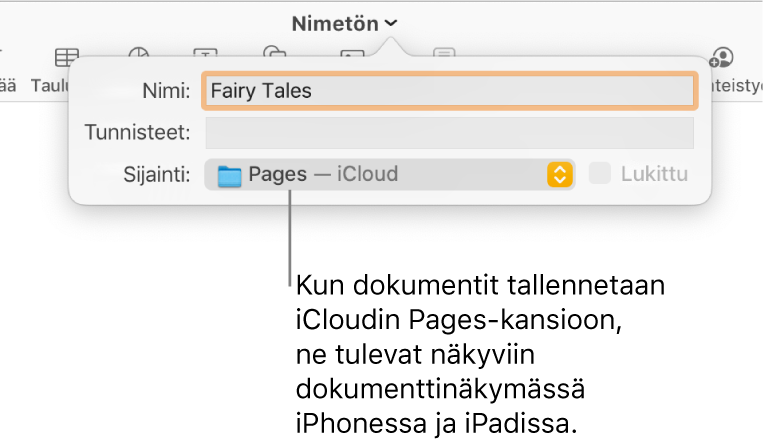 Tallenna-valintaikkuna dokumentille, jonka Missä-ponnahdusvalikossa on Pages – iCloud.