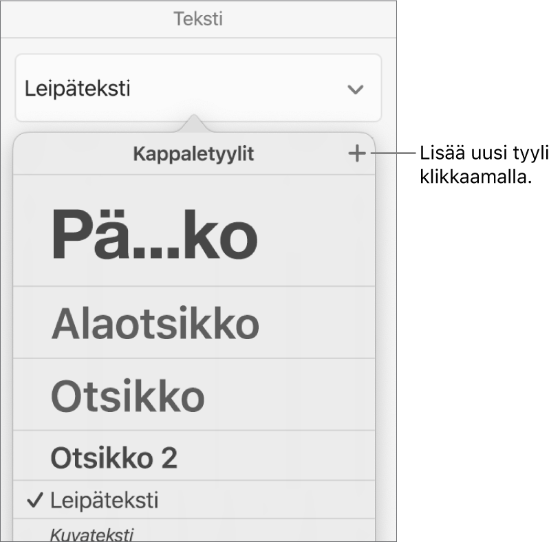 Kappaletyylit-valikko, jossa on Uusi tyyli -painikkeen selite.