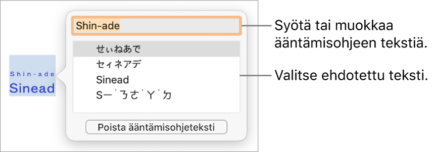 Ääntämisohje avoinna jonkin sanan kohdalla sekä tekstikentän ja ehdotetun tekstin selitteet.