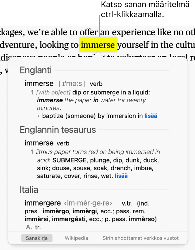 Kappale, jossa sana näkyy korostettuna, ja ikkuna, jossa näkyy sanan määritelmä ja tesaurus-merkintä. Ikkunan alareunassa olevat painikkeet tarjoavat linkit sanakirjaan, Wikipediaan ja Sirin ehdottamiin verkkosivustoihin.