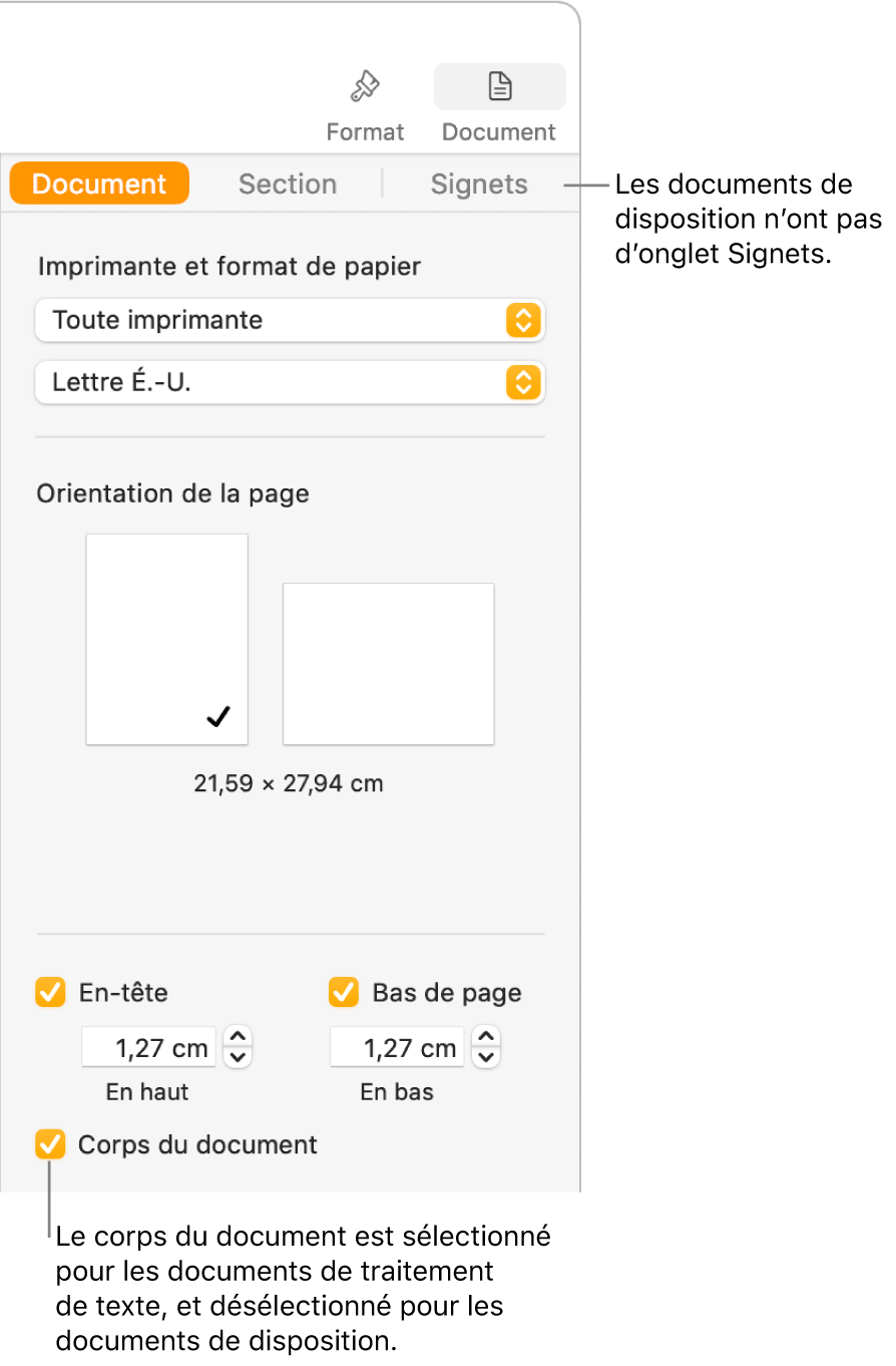 La barre latérale Format avec les onglets Document, Section et Signets en haut. L’onglet Document est sélectionné, et une légende accompagnant l’onglet Signets indique que les documents de mise en page n’ont pas d’onglet Signets. La case « Corps du document » est cochée, ce qui indique également qu’il s’agit d’un document de traitement de texte.