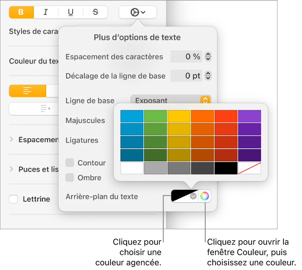 Commandes de sélection d’une couleur d’arrière-plan du texte.