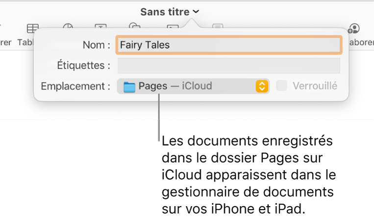 Zone de dialogue d’enregistrement d’un document avec Pages (iCloud dans le menu contextuel Emplacement).