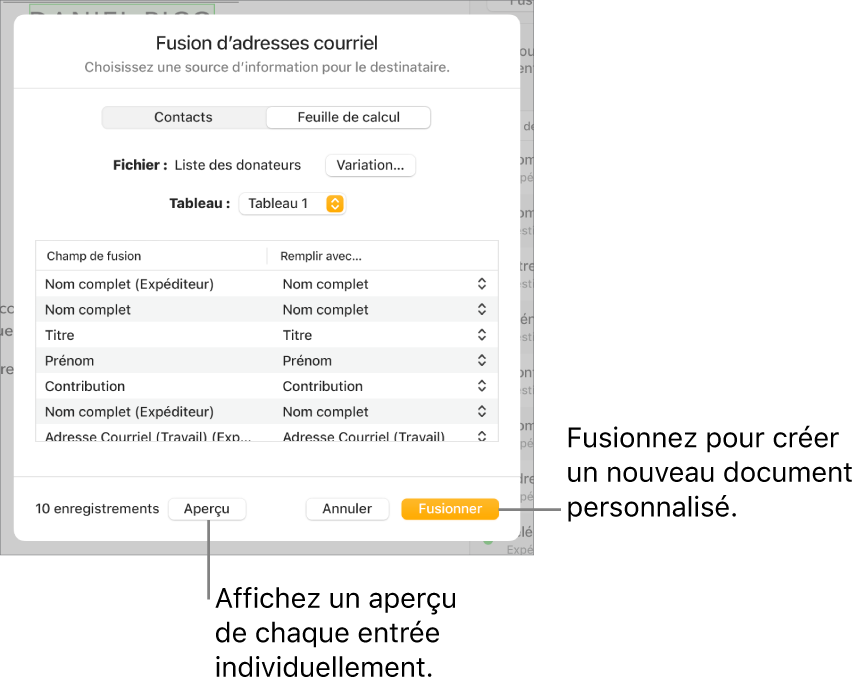 Onglet Fusion ouvert, avec options de modifier le fichier ou le tableau source, d’obtenir un aperçu des noms de champs de fusion ou des registres individuels, ou de fusionner le document.