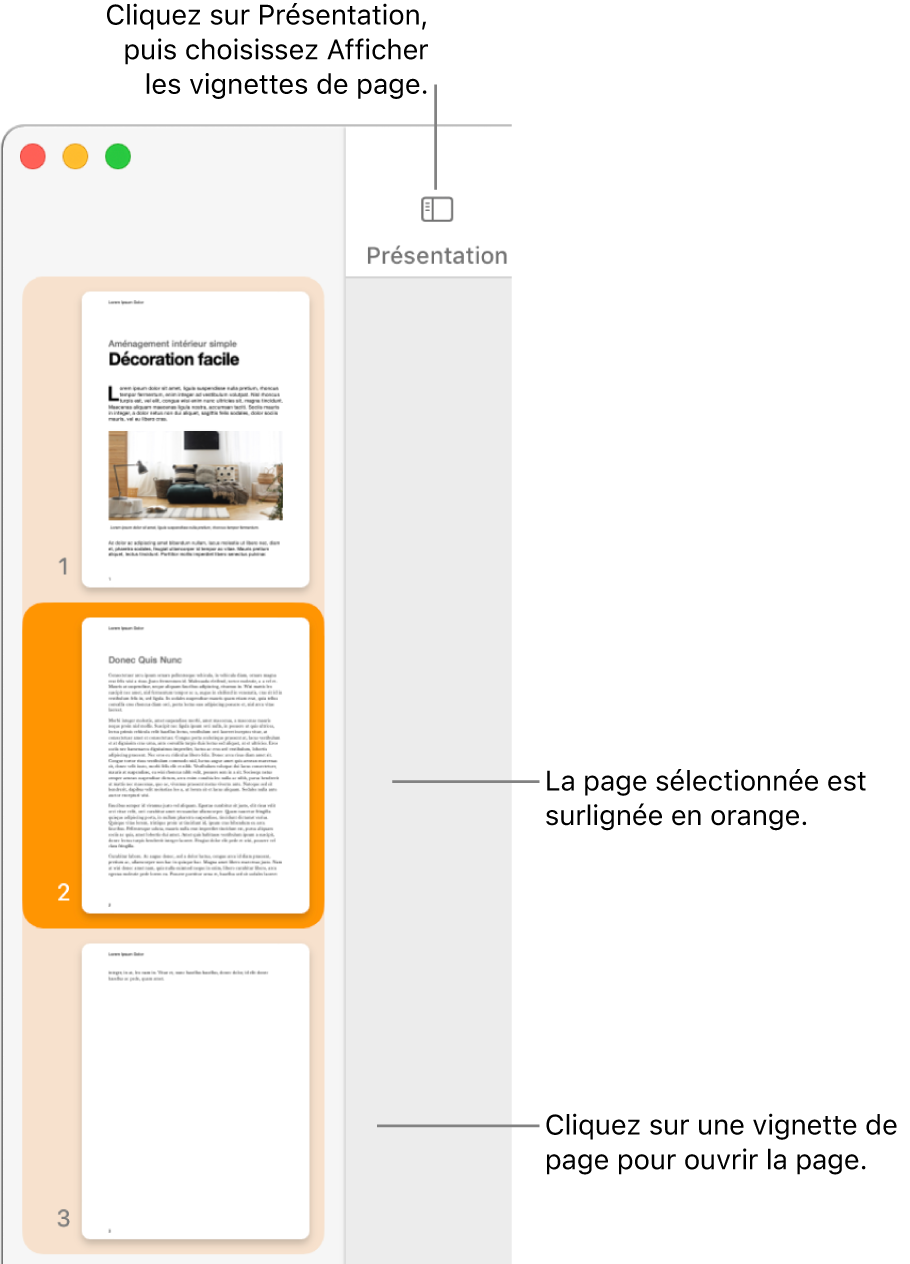 La barre latérale du côté gauche de la fenêtre Pages avec présentation en vignettes de page et une page sélectionnée en surbrillance orange foncé.