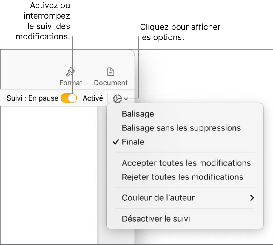 Le menu des options de suivi, avec l’option Désactiver le suivi en bas, ainsi que des légendes traitant des boutons de suivi Activé et En pause.