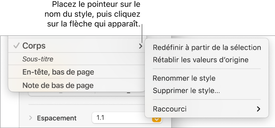 Le menu Styles de paragraphe avec le menu contextuel ouvert.