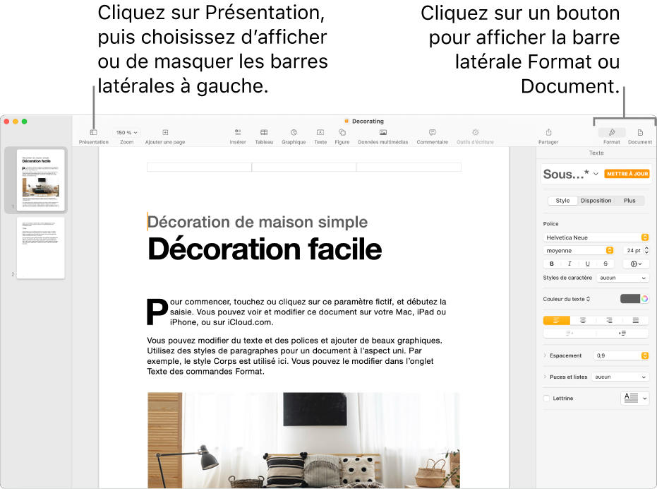 La fenêtre Pages, accompagnée de légendes traitant du bouton du menu Présentation et des boutons Format et Document dans la barre d’outils. Les barres latérales sont visibles à gauche et à droite.