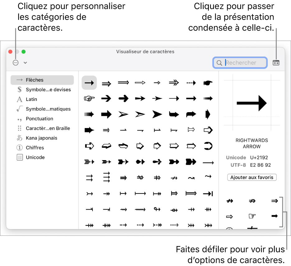 Le visualiseur de caractères développé affichant des caractères spéciaux et des symboles, le menu des différentes catégories de symboles sur la gauche, ainsi qu’un bouton dans le coin supérieur droit permettant de revenir à la présentation condensée.