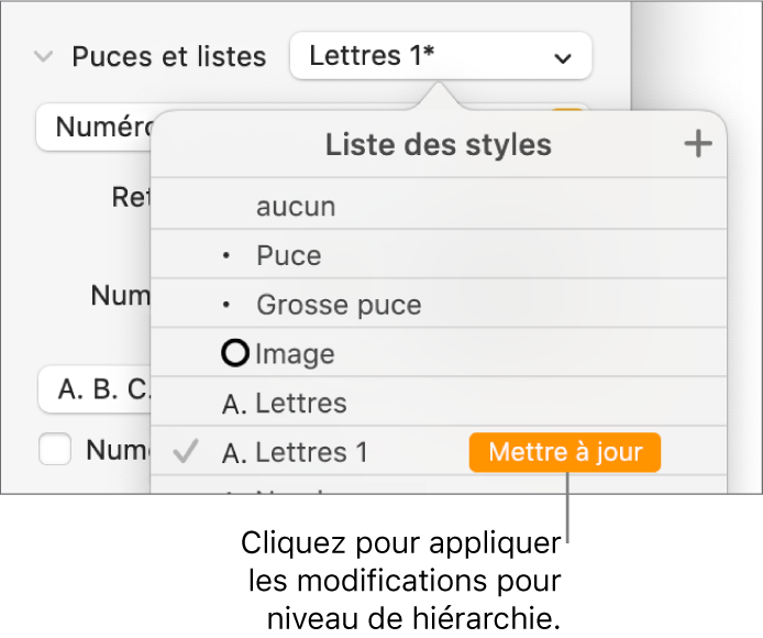 Menu local « Styles de liste » avec un bouton « Mettre à jour » en regard du nom du nouveau style.