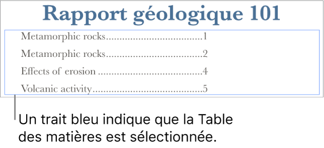 Une table des matières insérée dans un document. Les entrées affichent les titres ainsi que leurs numéros de page.