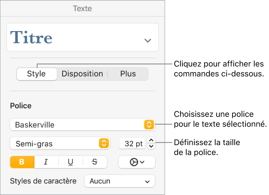 Commandes de texte de la section Style de la barre latérale Format, permettant de configurer la police et la taille des caractères.