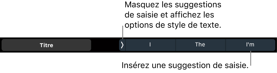 La Touch Bar d’un MacBook Pro présentant les commandes qui permettent de choisir un style de texte, de masquer et d’insérer des suggestions de saisie.