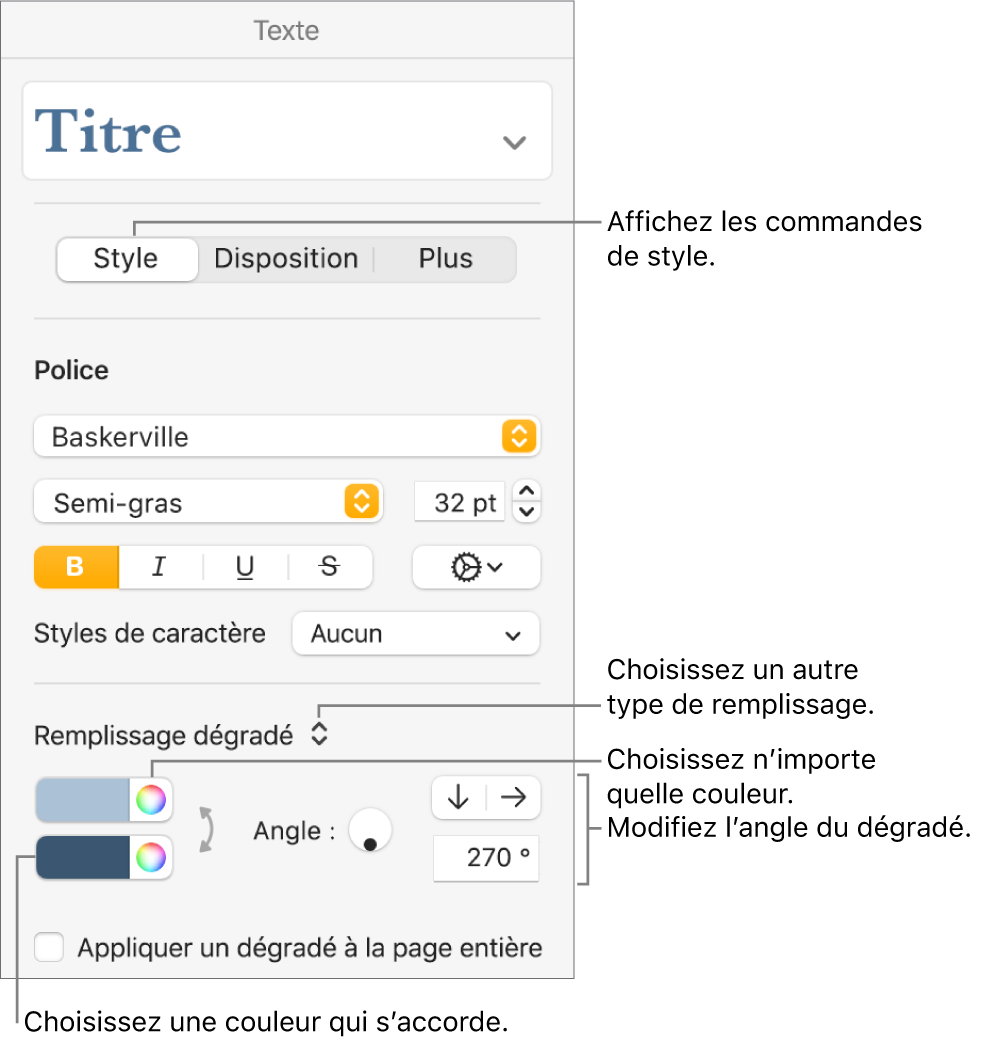 Commandes permettant de choisir des couleurs prédéfinies ou une tout autre couleur.