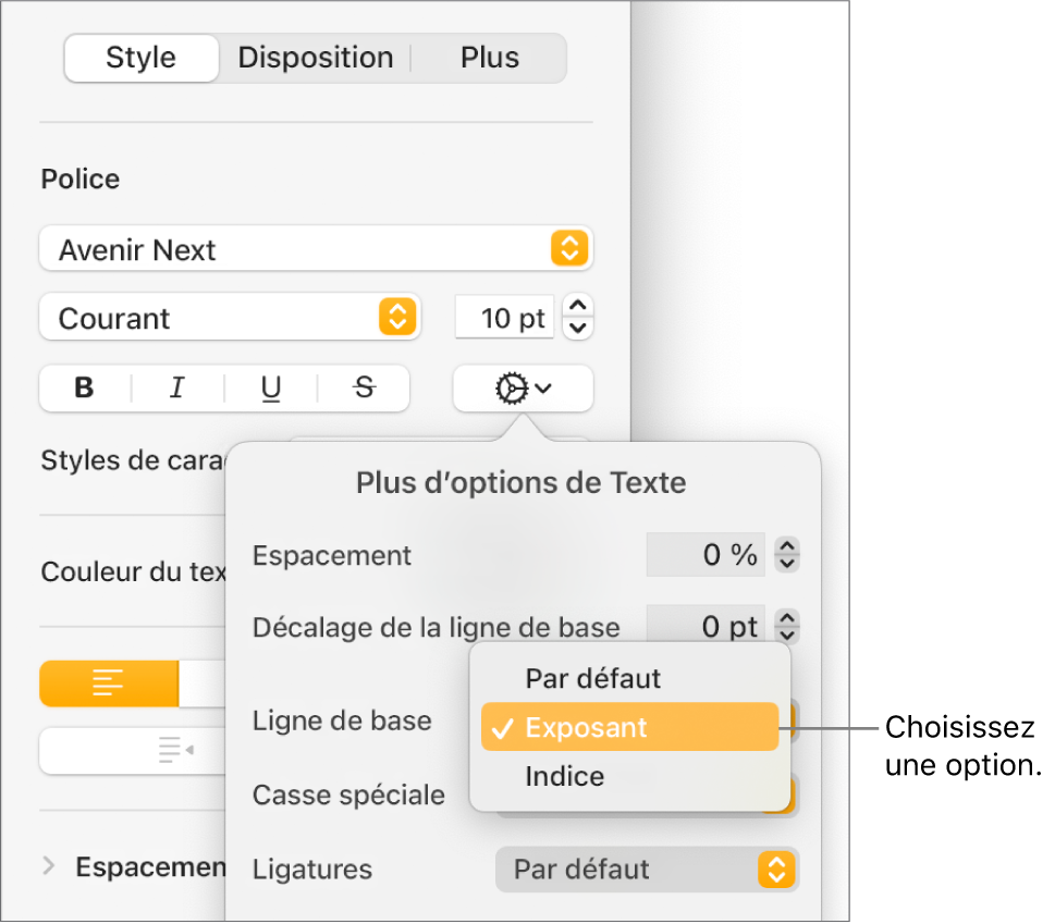 Le menu Options avancées avec le menu local Ligne de base ouvert et affichant les éléments de menu Par défaut, Exposant et Indice.