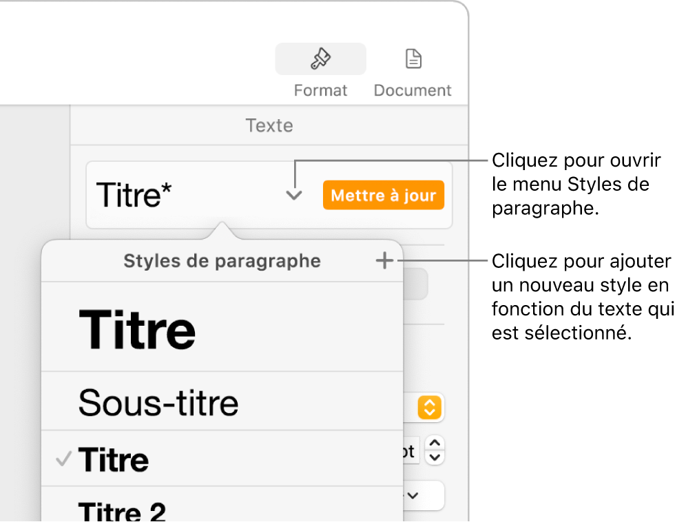 Le menu « Styles de paragraphe », affichant des commandes pour ajouter ou modifier un style.