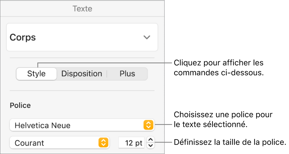 Commandes de texte de la section Style de la barre latérale Format, permettant de configurer la police et la taille des caractères.