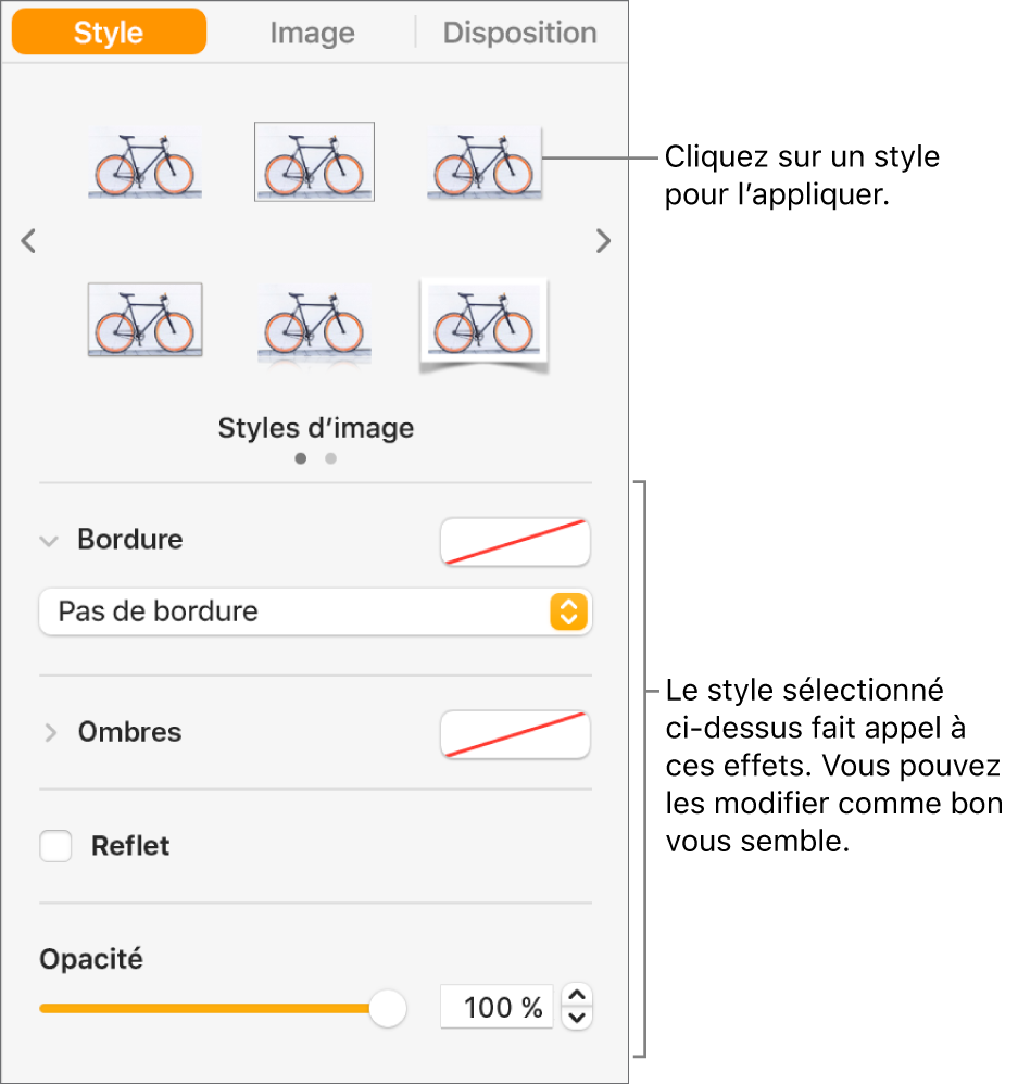 L’onglet Style de la barre latérale Format, présentant les options de style d’objet.